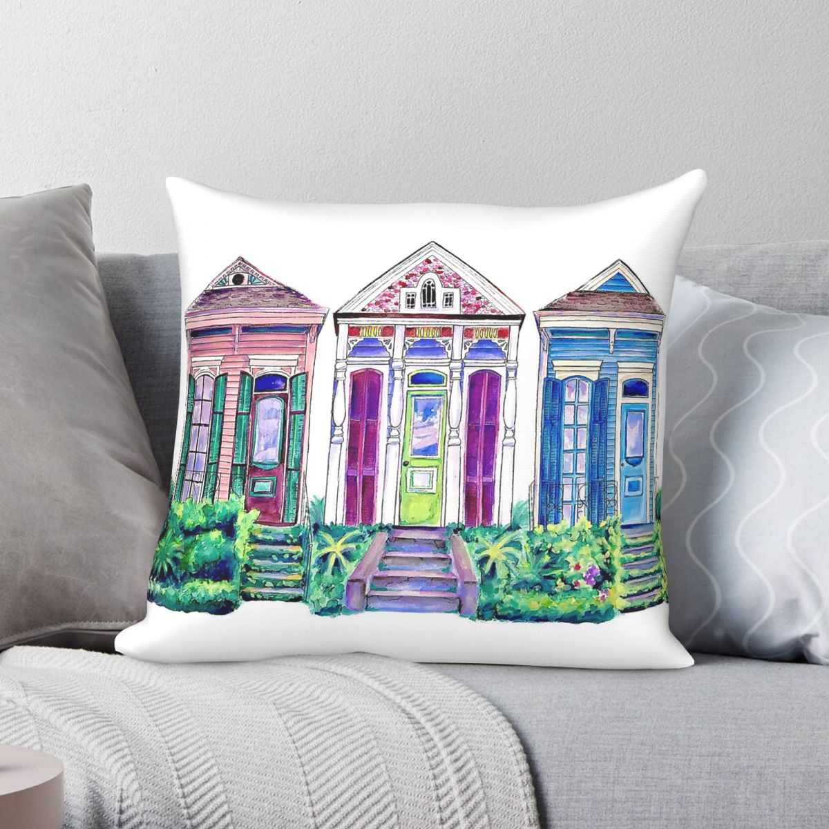 Home Decor New Orleans - ปลอกหมอนอิงทรงสี่เหลี่ยม New Orleans Shotgun Houses ผ้าโพลีเอสเตอร์