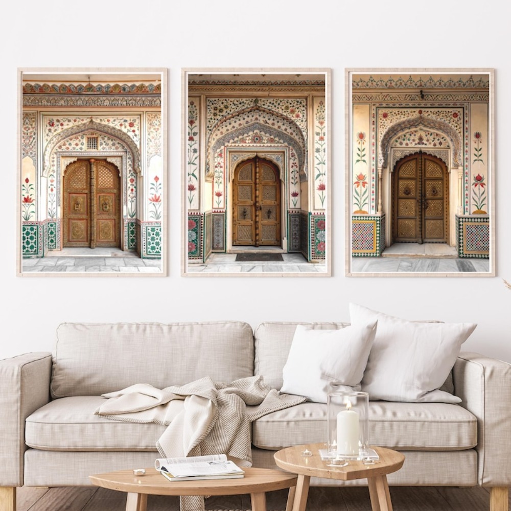 Home Decor Jaipur - ศิลปะประตูราชสถานแบบไร้กรอบ, การตกแต่งผนังพระราชวังจาปุร, สถาปัตยกรรมอินเดีย, ซุ้มประตูราชวงศ์, การพิมพ์ลายบ้านสไตล์โบฮีเมียน