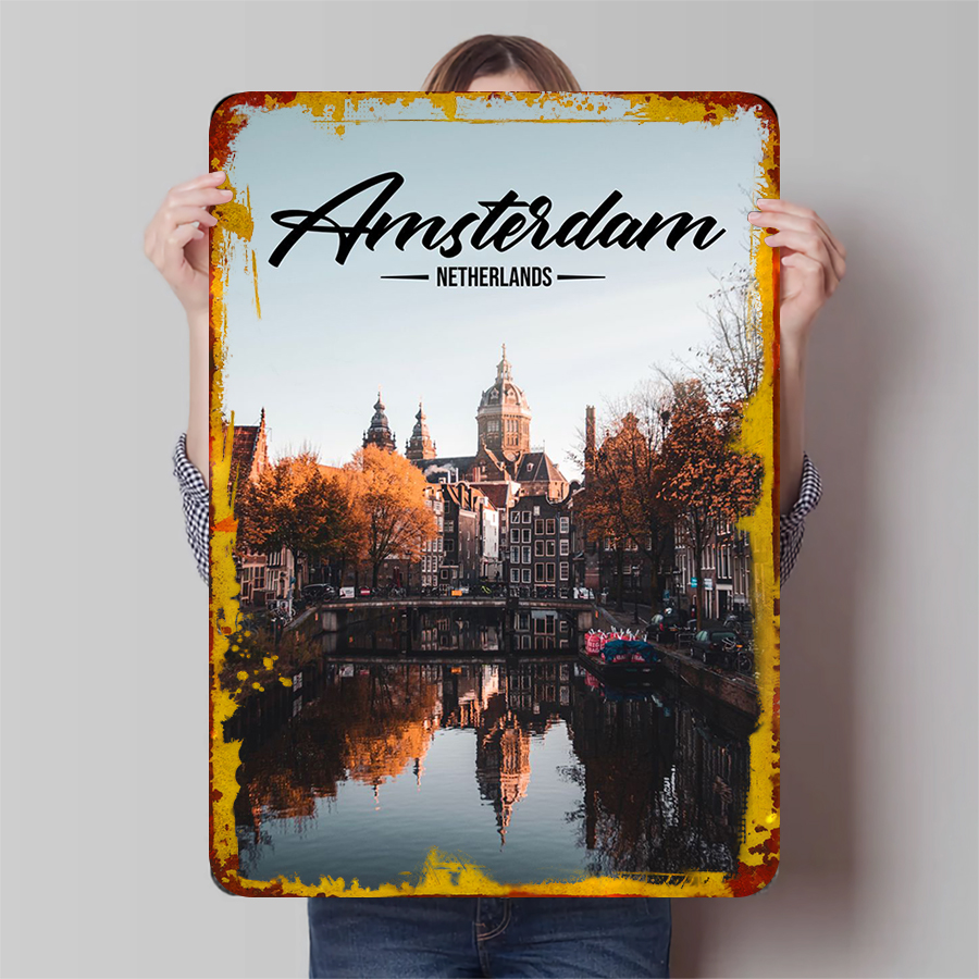 Home Decor Netherlands - อัมสเตอร์ดัมเนเธอร์แลนด์ Cityscape Metal Wall Art ตกแต่งภูมิทัศน์วินเทจสําหรับโฮมออฟฟิศ