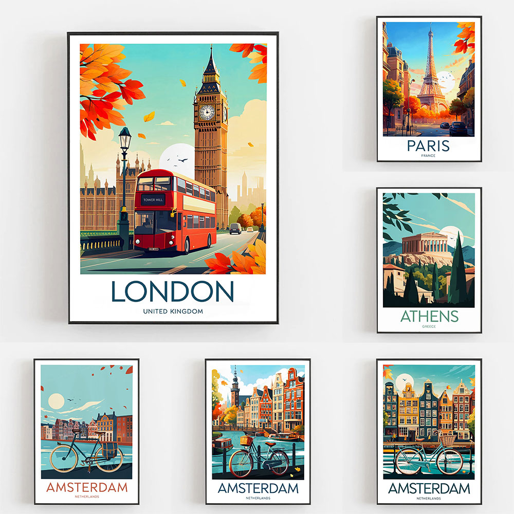 Home Decor Netherlands - ภาพพิมพ์ท่องเที่ยวอัมสเตอร์ดัม เนเธอร์แลนด์ ลอนดอน สหราชอาณาจักร บิ๊กเบน ปารีส