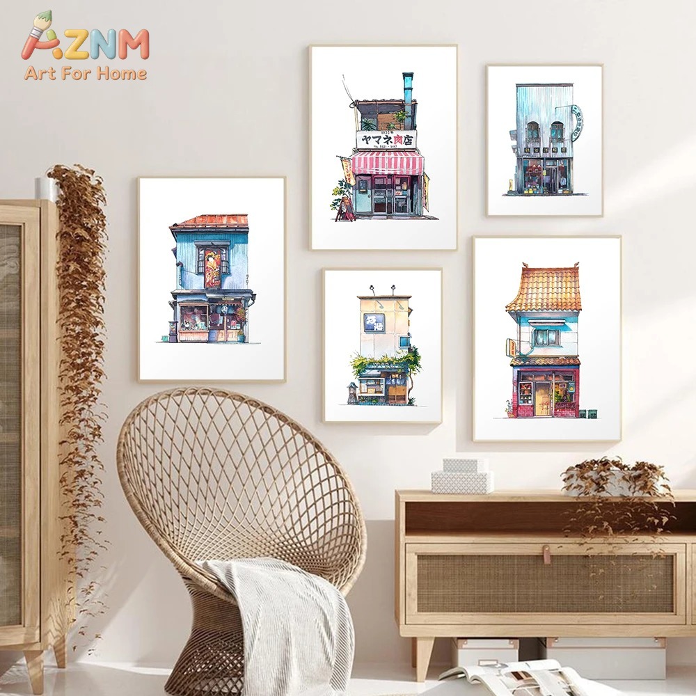 Home Decor Tokyo - AZNM ภาพวาดสีน้ำสไตล์ญี่ปุ่นสำหรับตกแต่งผนัง ภาพพิมพ์ร้านค้าบนถนนโตเกียว ของตกแต่งบ้าน
