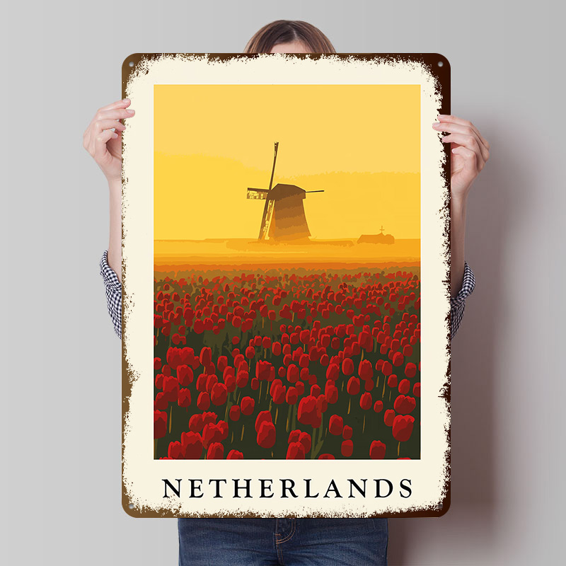 Home Decor Netherlands - โปสเตอร์พิมพ์ลายกังหันลมและดอกทิวลิปของเนเธอร์แลนด์ งานศิลปะติดผนังสไตล์เรโทรแบบกำหนดเอง ป้ายโลหะวินเทจสำหรับตกแต่งบ้าน โต๊ะทำงาน