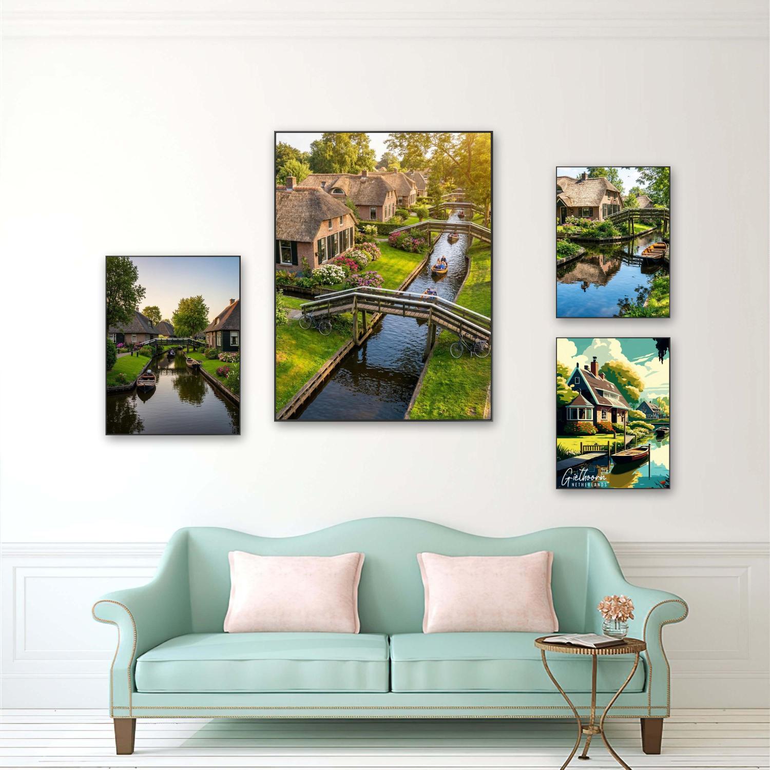 Home Decor Netherlands - ภาพวาดเพชร DIY ลายเรือไม้ Giethoorn ของเนเธอร์แลนด์ ทิวทัศน์ชนบท