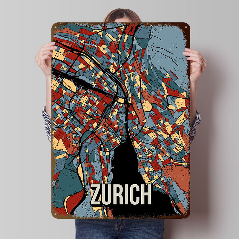 Home Decor Zurich - โปสเตอร์แผนที่เมืองซูริก งานศิลปะติดผนังแบบกำหนดเอง ป้ายโลหะวินเทจ ป้ายโลหะย้อนยุค สำหรับตกแต่งบ้าน