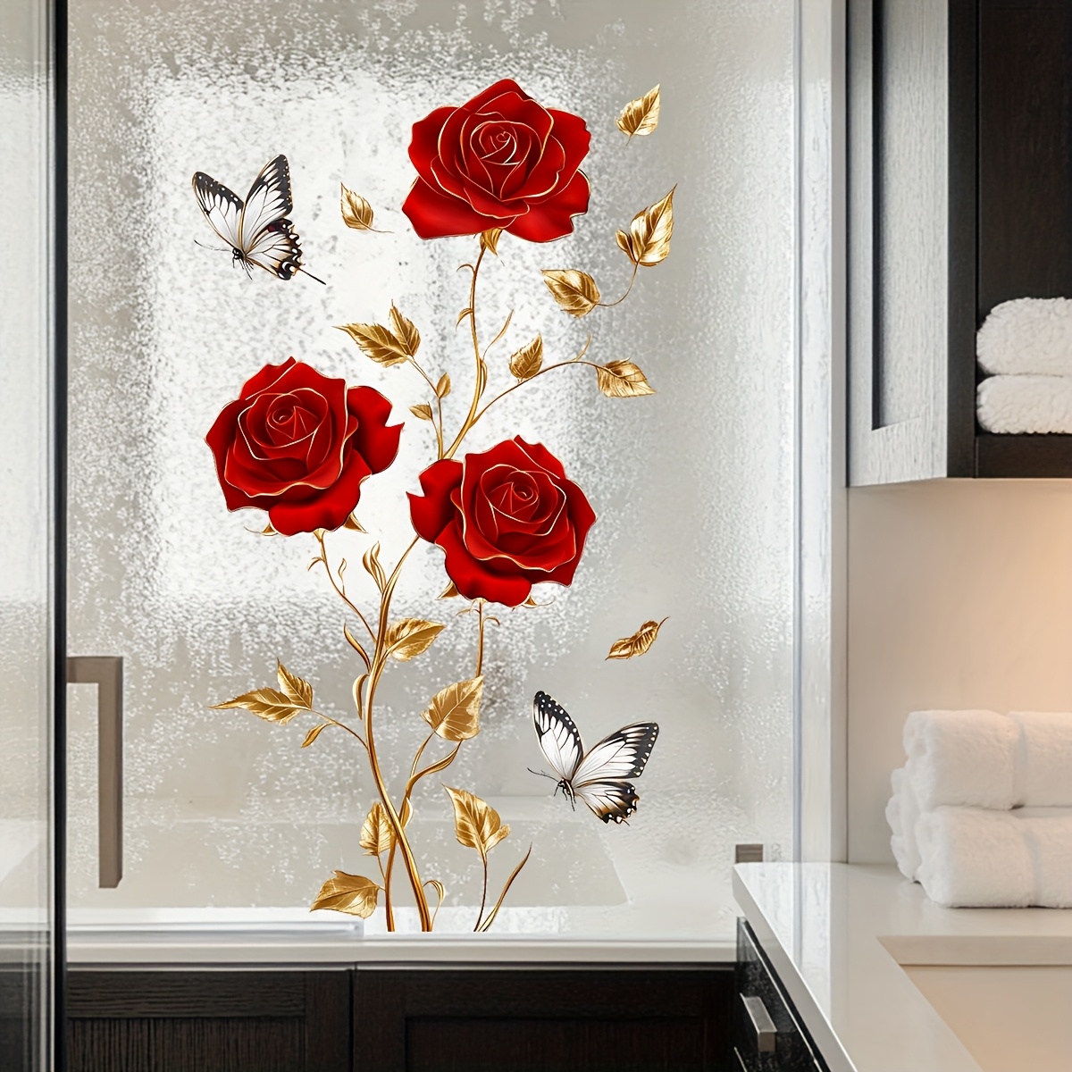 Home Decor Window Blinds - สติกเกอร์ติดหน้าต่างและผนังรูปผีเสื้อกุหลาบแดงแสนสวยและโรแมนติก 1 ชิ้น สติกเกอร์ตกแต่งบ้านแบบมีกาวในตัวทำจาก PVC เหมาะสำหรับตู้