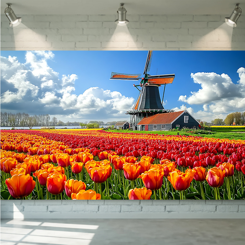 Home Decor Netherlands - กังหันลม ทุ่งทิวลิป เนเธอร์แลนด์ วอลล์เปเปอร์ติดผนัง ภาพศิลปะดอกไม้หลากสีสัน สำหรับตกแต่งบ้าน