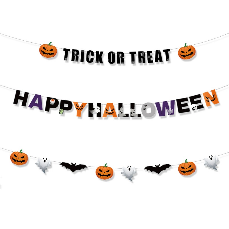 Home Decor Garland - แบนเนอร์ลายการ์ตูนฮาโลวีนใหม่ ลายฟักทอง ผี ค้างคาว พร้อมธงแขวนสำหรับตกแต่งงานปาร์ตี้ฮาโลวีนและบ้าน