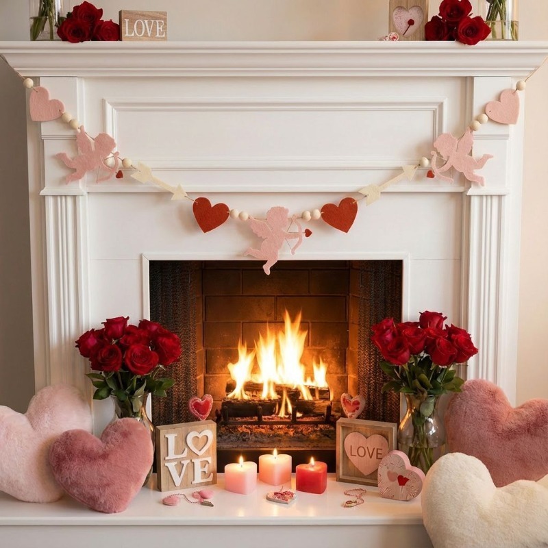 Home Decor Garland - พวงมาลัยรูปหัวใจสีแดงชมพูแบบใหม่ ปี 2026 สำหรับตกแต่งวันวาเลนไทน์ งานแต่งงาน งานขอแต่งงาน