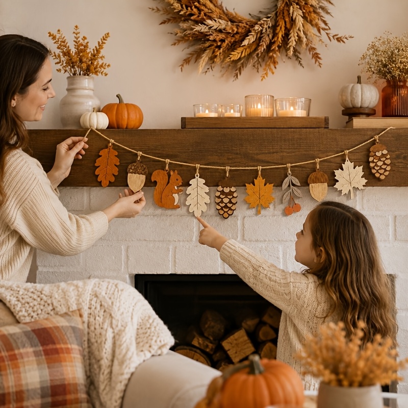 Home Decor Garland - พวงมาลัยไม้ฤดูใบไม้ร่วง ลายกระรอก ใบเมเปิล ลูกโอ๊ก และลูกสน สำหรับตกแต่งผนังบ้าน
