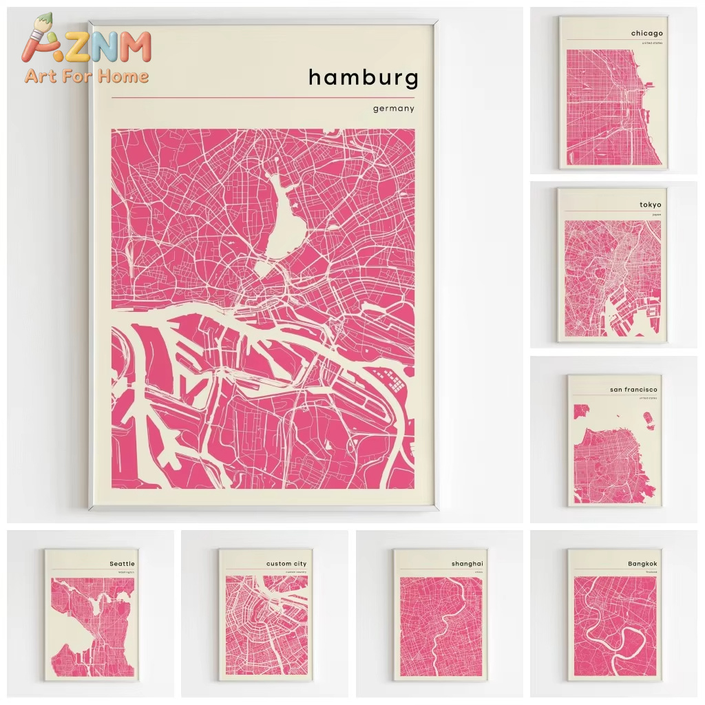Home Decor Tokyo - 1 ชิ้น, โปสเตอร์และภาพพิมพ์แผนที่เมือง สีชมพูขาว แบงคอก ฮัมบูร์ก