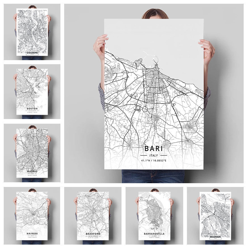 Home Decor Jaipur - บอสตันอิสตันบูลมาดริดซานฟรานซิสโก Jaipur Madrid City แผนที่ภาพวาดผ้าใบ Vintage