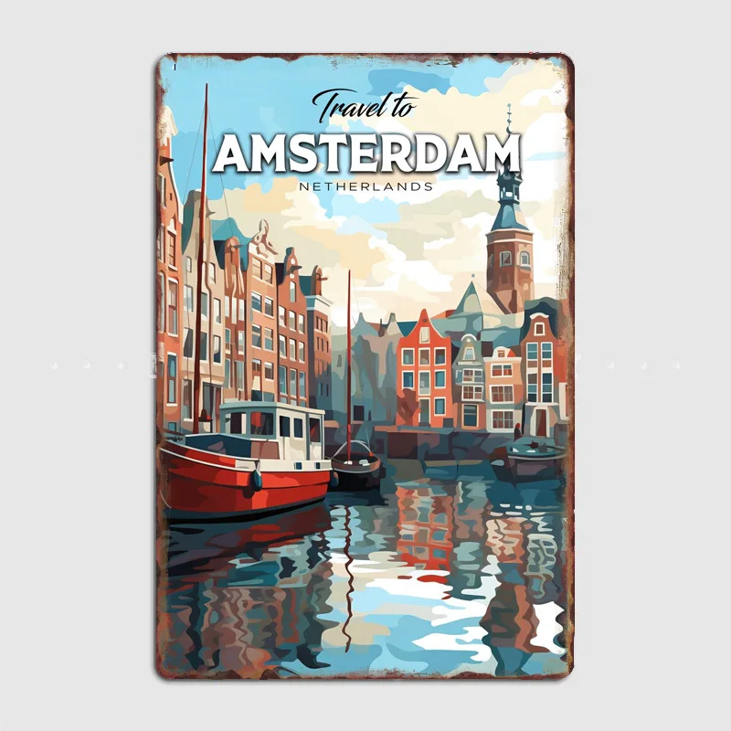 Home Decor Netherlands - อัมสเตอร์ดัม เนเธอร์แลนด์ สถานที่ท่องเที่ยว โปสเตอร์ย้อนยุค ป้ายโลหะ ภาพจิตรกรรมฝาผนัง