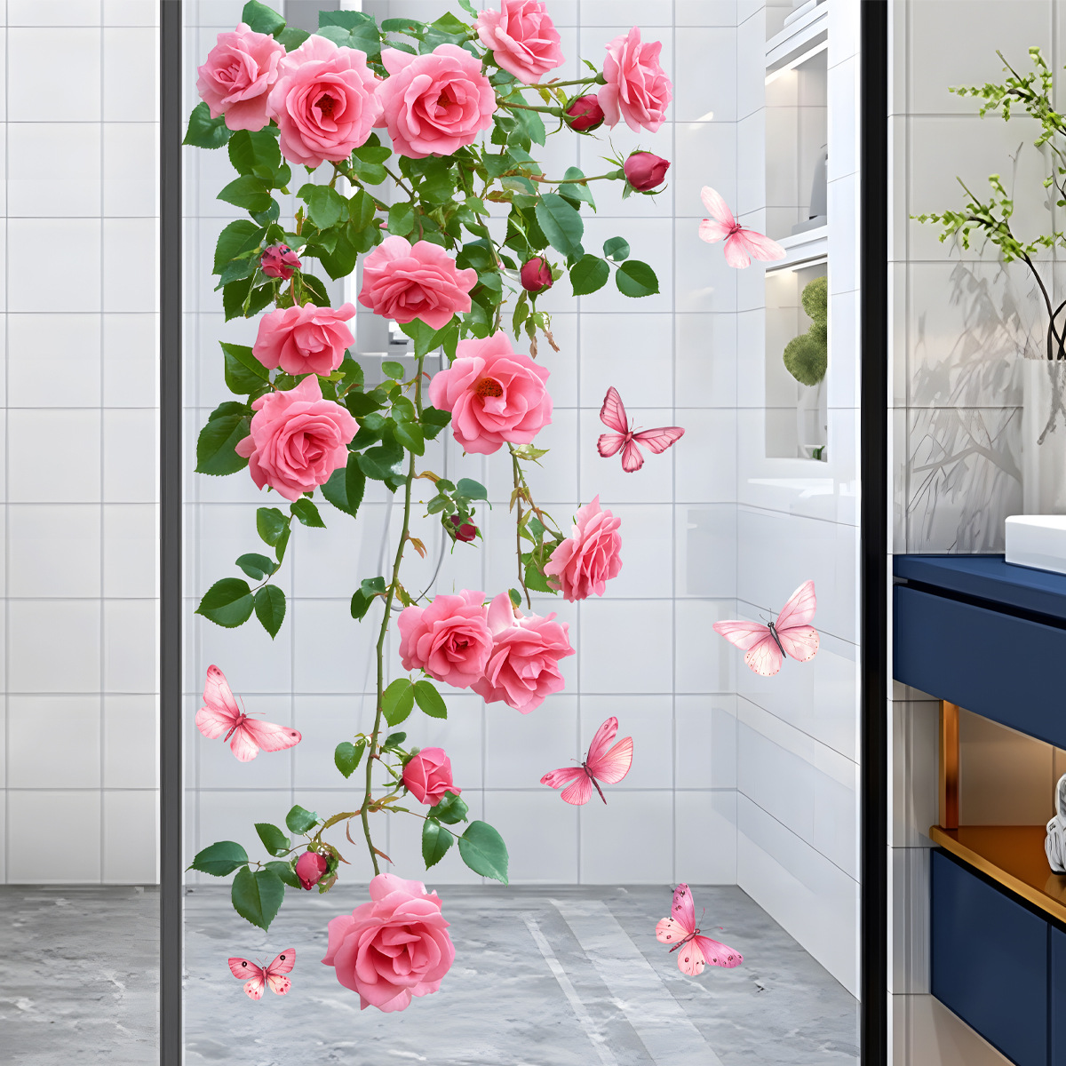Home Decor Window Blinds - สติ๊กเกอร์ติดกระจก ลายดอกไม้กุหลาบสีชมพูและผีเสื้อ สำหรับตกแต่งห้องน้ำ ห้องนั่งเล่น ห้องนอน ประตูกระจก