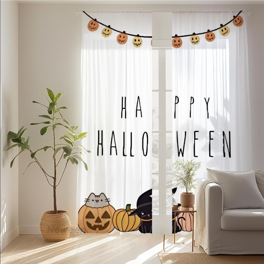 Home Decor Garland - ม่านโปร่งแสงพิมพ์ลายดิจิทัล 2 ชิ้น, ลายแมวน่ารักและฟักทองฮาโลวีน, พร้อมสายตกแต่งสำหรับหน้าต่าง, เหมาะสำหรับตกแต่งห้องนั่งเล่นและห้องนอน