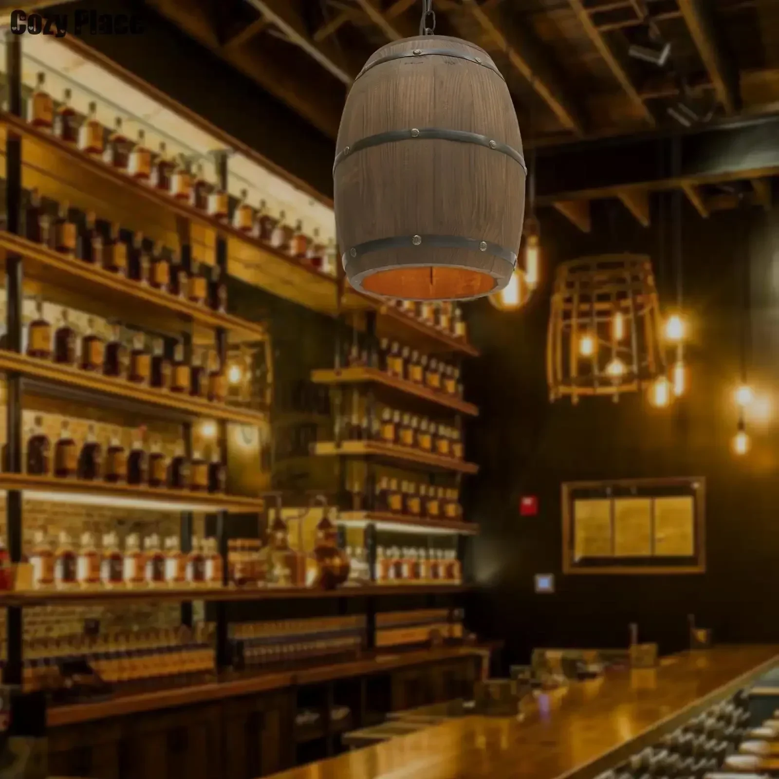 Home Decor Lighting - โคมไฟสไตล์ Rustic วินเทจ โคมไฟระย้าไม้ โคมไฟแขวนรูปถังไวน์ ของตกแต่งบ้าน