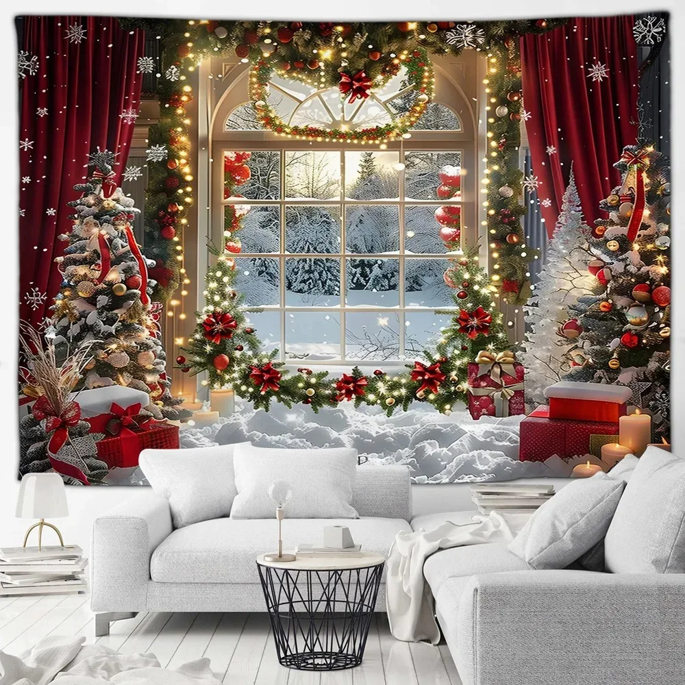Home Decor Garland - ผ้าตกแต่งงานปาร์ตี้วันคริสต์มาส ฉากหิมะฤดูหนาว พวงมาลัยต้นคริสต์มาส ฉากหน้าต่าง ผนังแขวนตกแต่งบ้าน