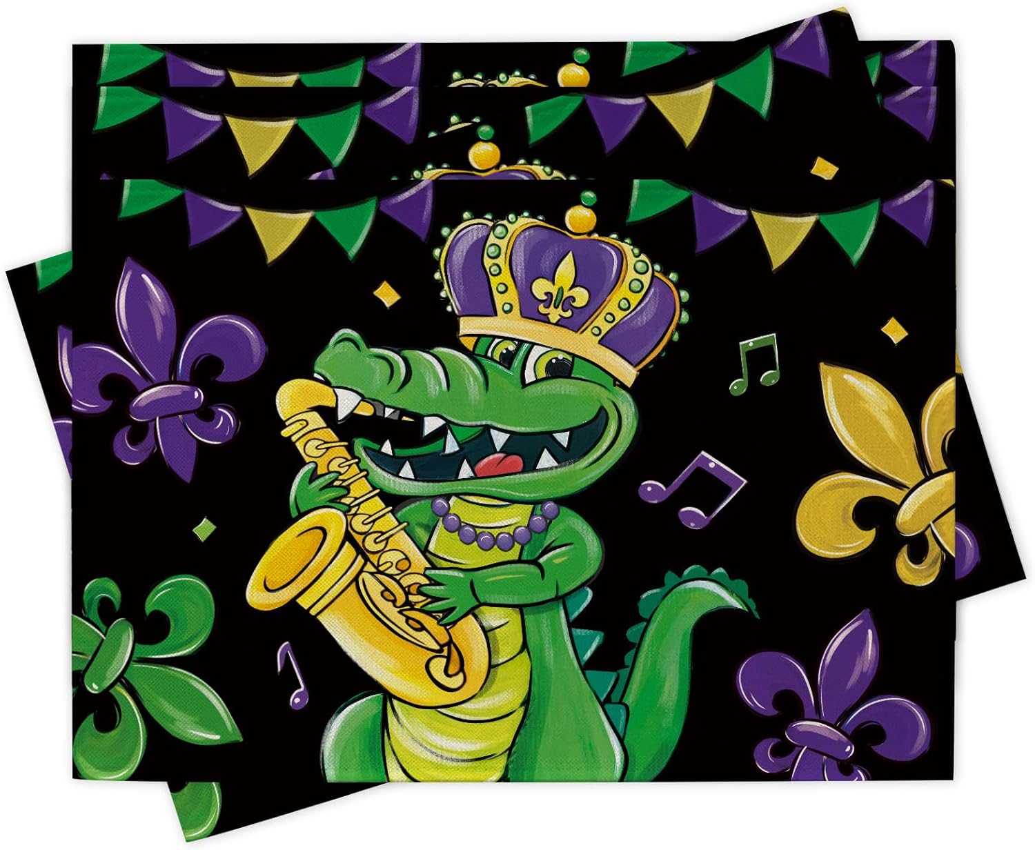 Home Decor New Orleans - ชุดแผ่นรองจานลายจระเข้สำหรับงานมาร์ดิกราส์ 4 ชิ้น ลายดอกเฟลอร์เดลิส ทรัมเป็ต งานคาร์นิวัลนิวออร์ลีนส์